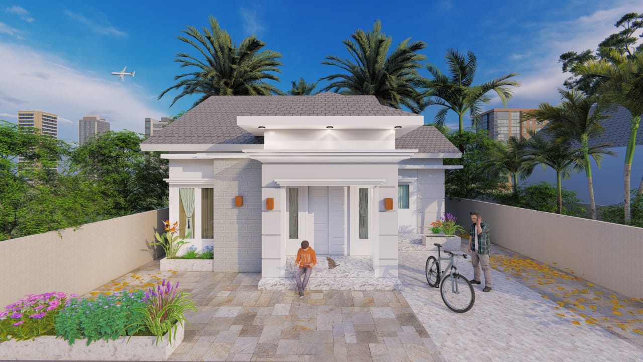 Desain rumah modern minimalis 3D dengan taman depan yang luas dan kolam renang, dibuat dengan SketchUp