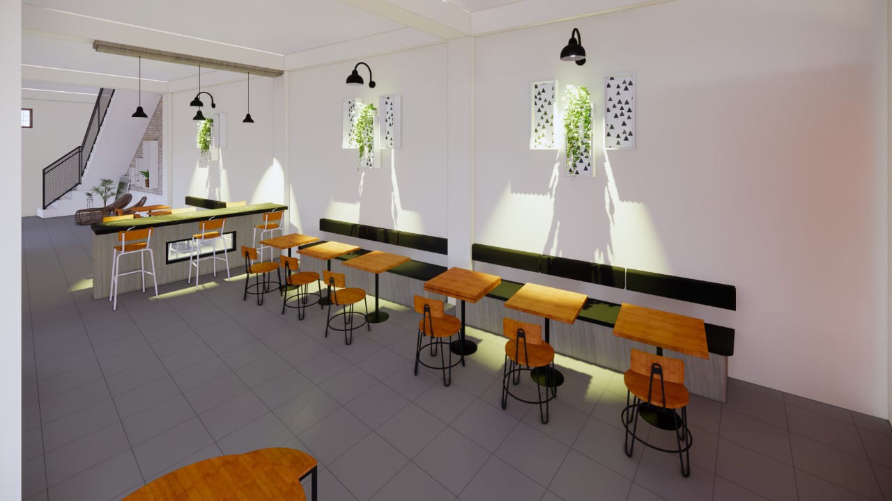 Visualisasi interior kafe modern dengan pencahayaan realistis dan furnitur custom, dibuat dengan SketchUp dan V-Ray